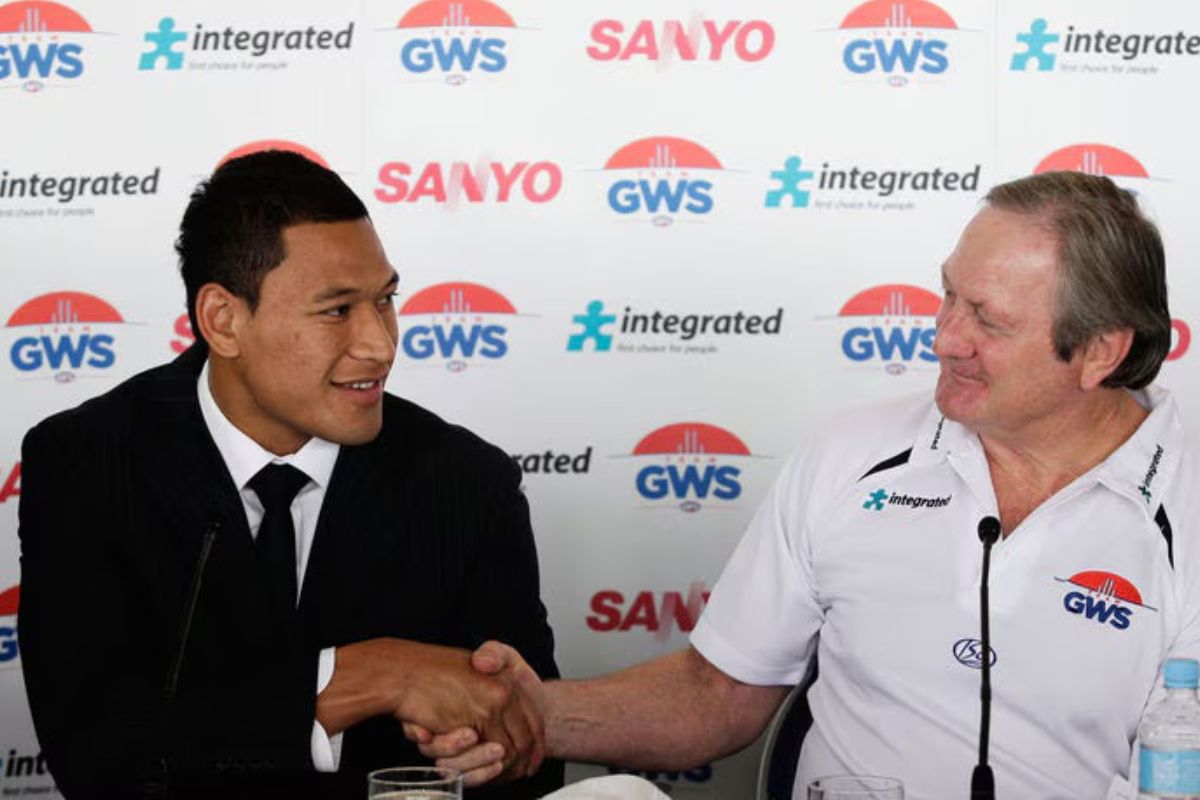 Israel Folau with Kevin Sheedy during the early years of the GWS Giants